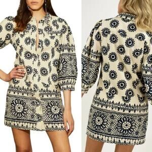Love the Label Sula Block Print Mini Shirt Dress L Ivory Navy Boho